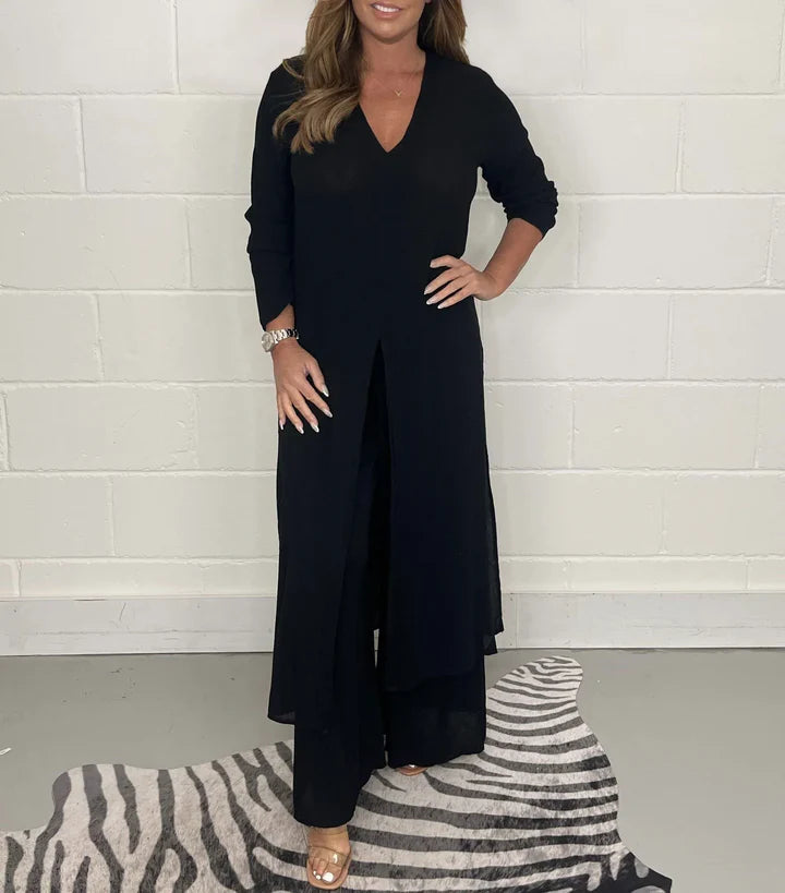 Ariana - Two-Piece Longline Tunic Set with V-Neck and Wide-Leg Trousers