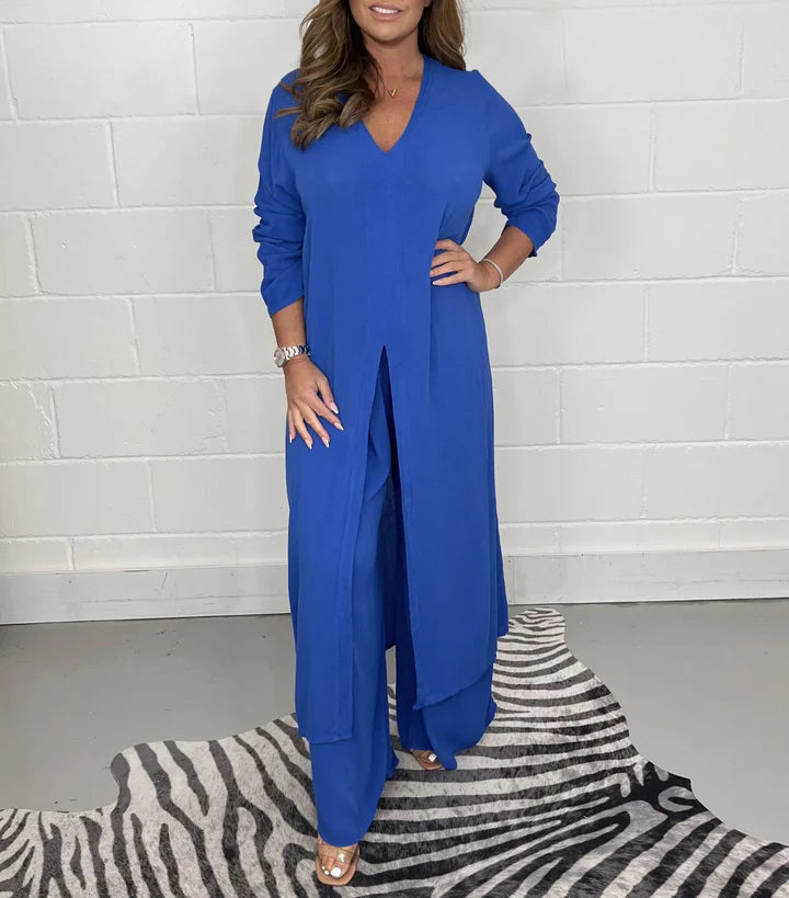 Ariana - Two-Piece Longline Tunic Set with V-Neck and Wide-Leg Trousers