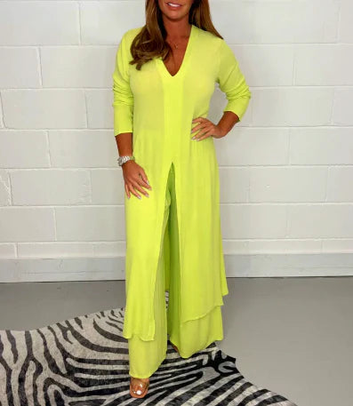 Ariana - Two-Piece Longline Tunic Set with V-Neck and Wide-Leg Trousers
