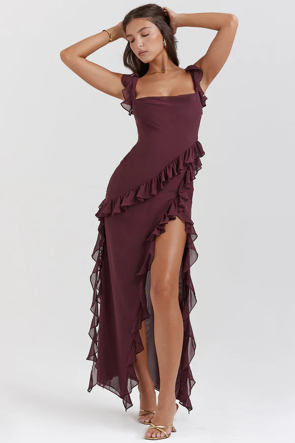 Ariela - Ruffle Trim Maxi Dress with High Slit and Square Neckline