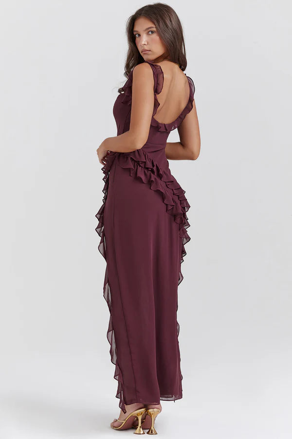 Ariela - Ruffle Trim Maxi Dress with High Slit and Square Neckline