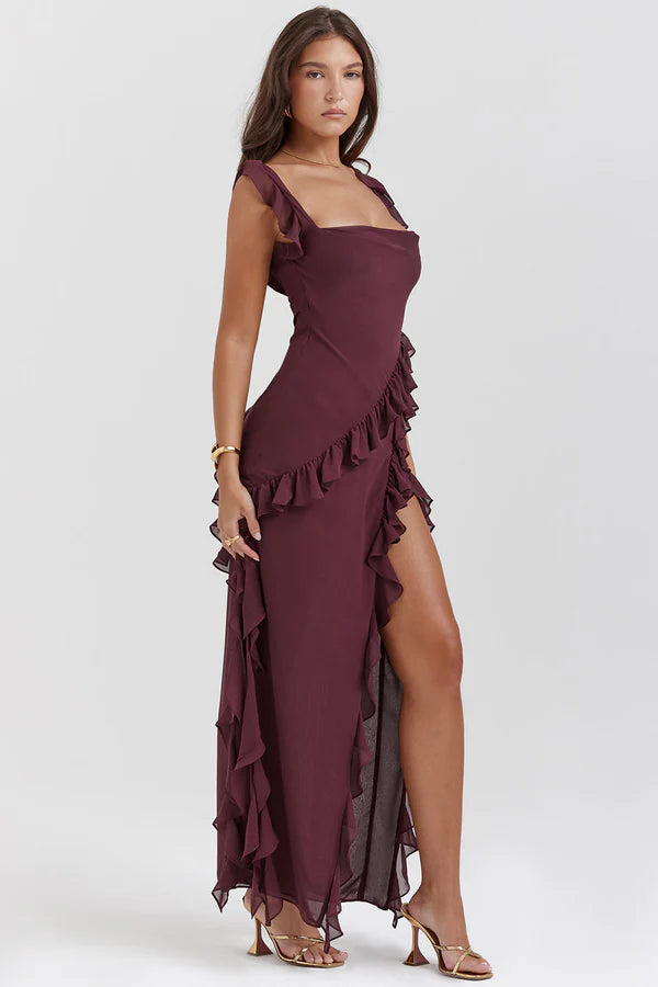 Ariela - Ruffle Trim Maxi Dress with High Slit and Square Neckline