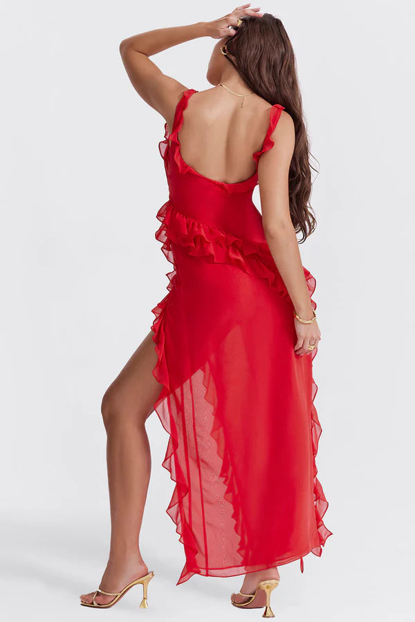 Ariela - Ruffle Trim Maxi Dress with High Slit and Square Neckline