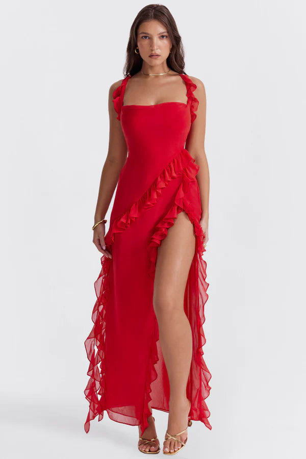 Ariela - Ruffle Trim Maxi Dress with High Slit and Square Neckline