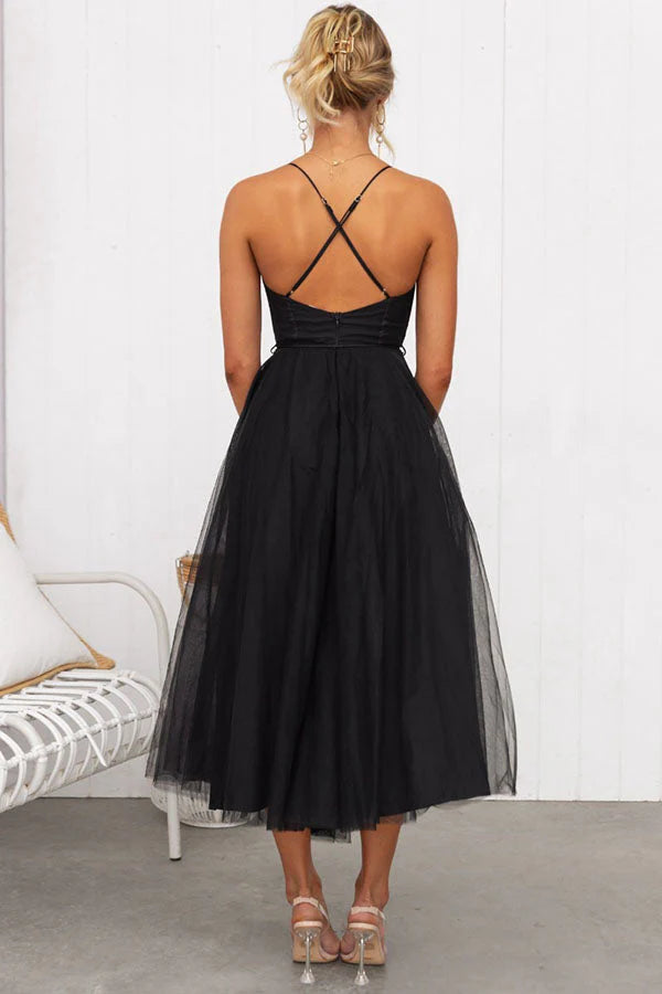 Aurora – Tulle Midi Dress with Corset Bodice and Spaghetti Straps