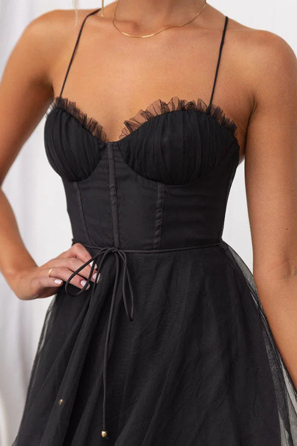 Aurora – Tulle Midi Dress with Corset Bodice and Spaghetti Straps