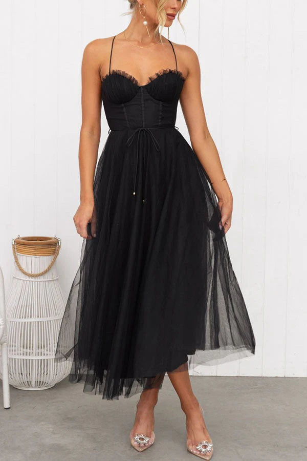 Aurora – Tulle Midi Dress with Corset Bodice and Spaghetti Straps
