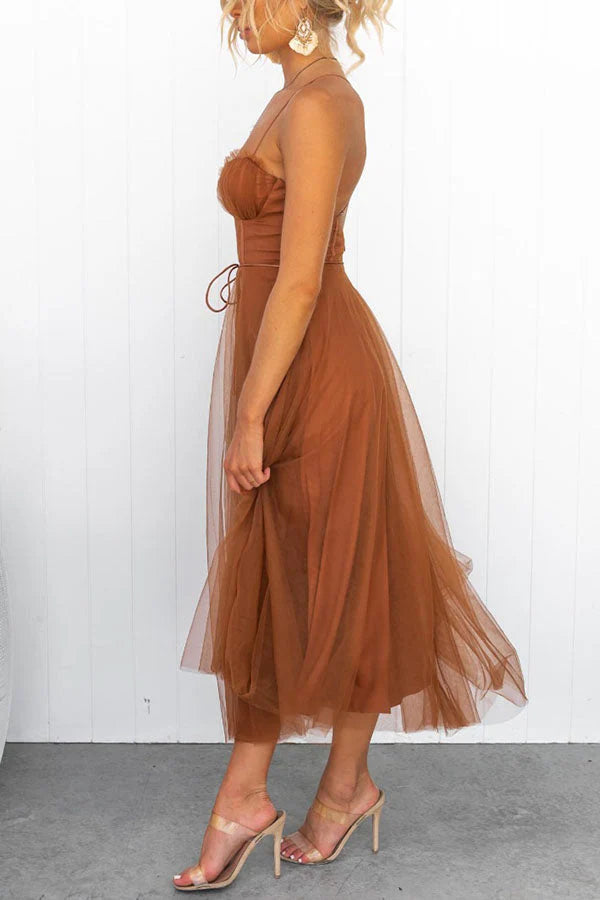 Aurora – Tulle Midi Dress with Corset Bodice and Spaghetti Straps