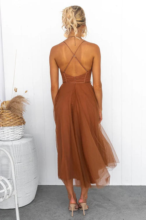 Aurora – Tulle Midi Dress with Corset Bodice and Spaghetti Straps