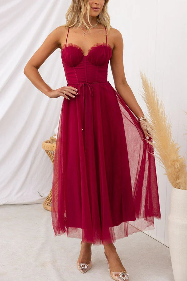 Aurora – Tulle Midi Dress with Corset Bodice and Spaghetti Straps