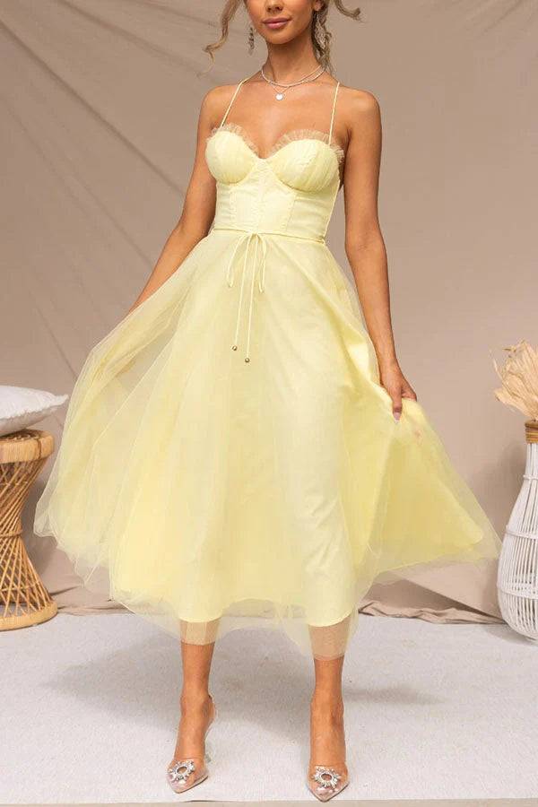 Aurora – Tulle Midi Dress with Corset Bodice and Spaghetti Straps