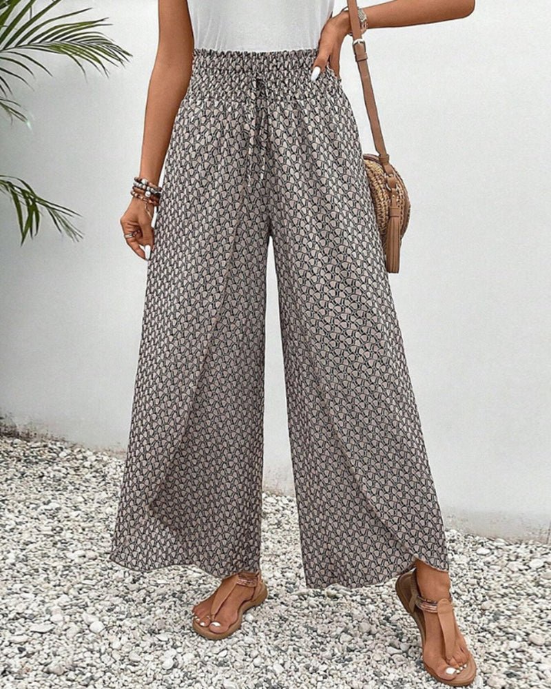 Ava - High-Waisted Wide-Legged Bohemian Print Pants with Drawstring Waist