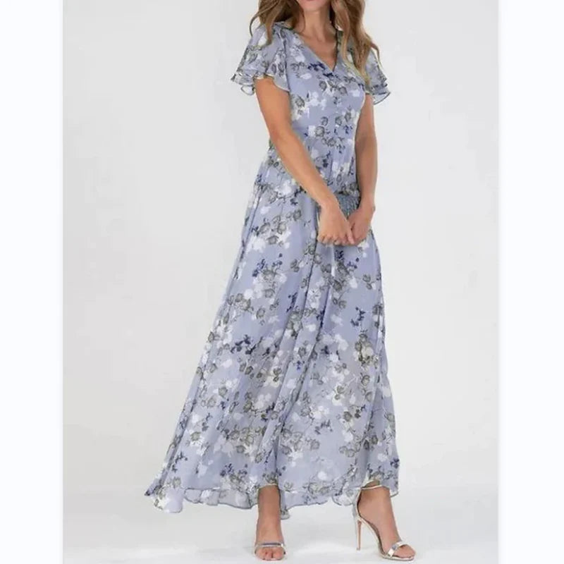 Charlotte – Floral Maxi Dress with Flutter Sleeves and V-Neckline