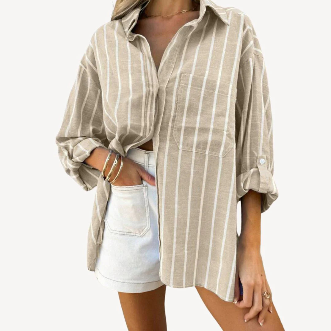Talia - Oversized Striped Button-Up Shirt with Chest Pocket