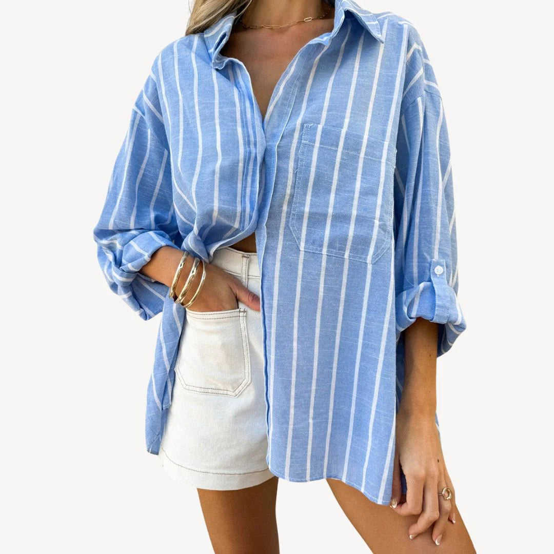 Talia - Oversized Striped Button-Up Shirt with Chest Pocket