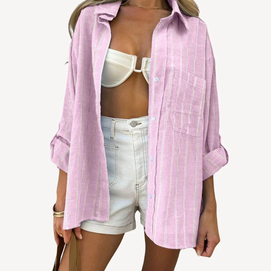 Talia - Oversized Striped Button-Up Shirt with Chest Pocket