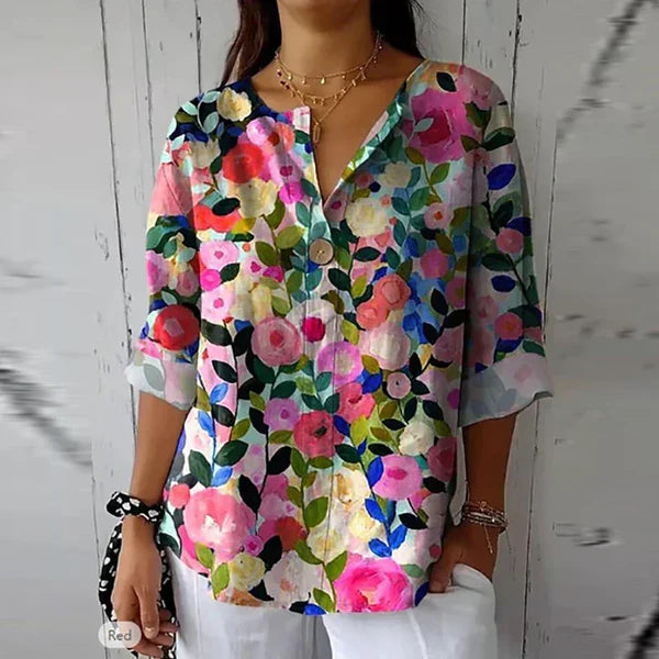 Dahlia – Floral V-Neck Blouse with Rolled Sleeves and Relaxed Fit