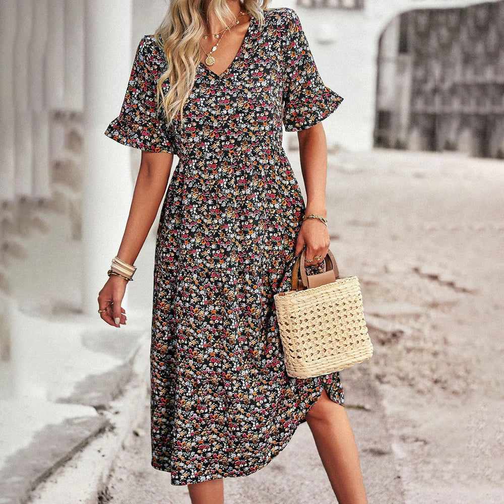 Daisy – Floral Midi Dress with Flared Sleeves and V-Neckline