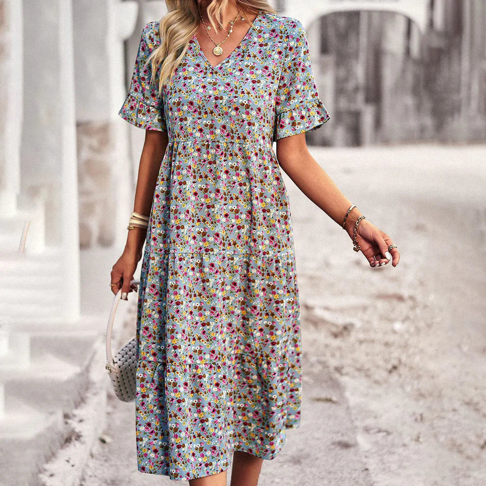 Daisy – Floral Midi Dress with Flared Sleeves and V-Neckline