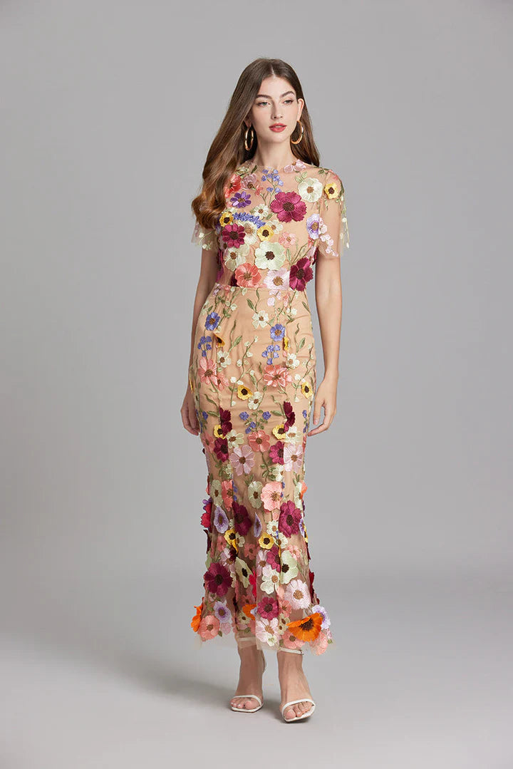 Daphne – Floral Lace Overlay Dress with Cap Sleeves