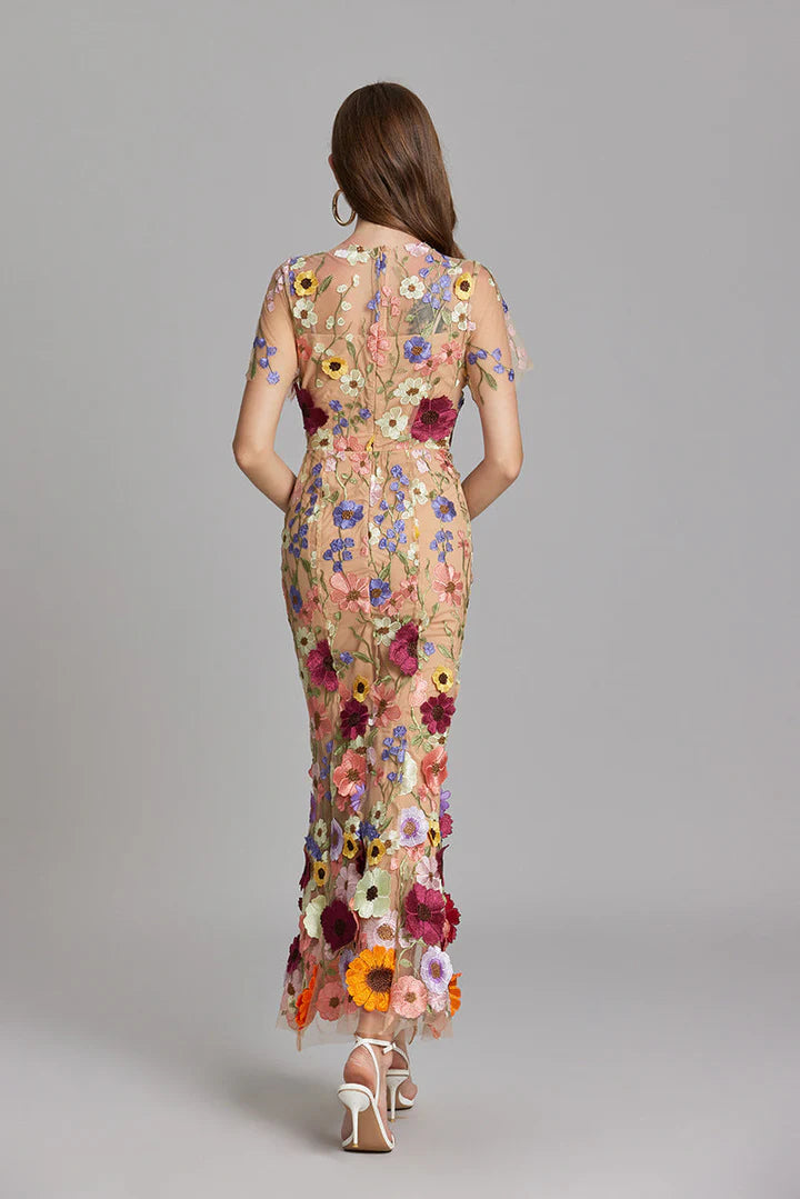Daphne – Floral Lace Overlay Dress with Cap Sleeves