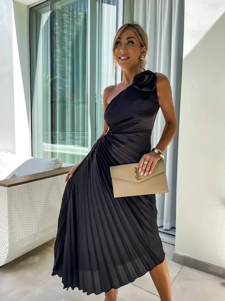 Delilah – Pleated Midi Dress with Draped Bodice and Rose Appliqué