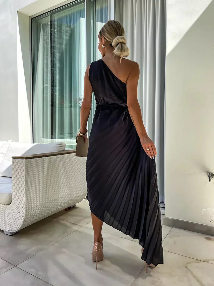 Delilah – Pleated Midi Dress with Draped Bodice and Rose Appliqué