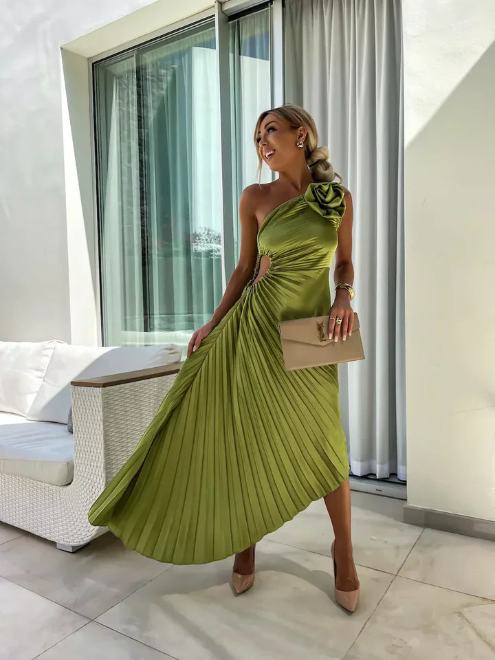Delilah – Pleated Midi Dress with Draped Bodice and Rose Appliqué