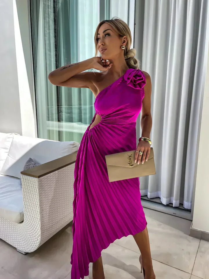 Delilah – Pleated Midi Dress with Draped Bodice and Rose Appliqué