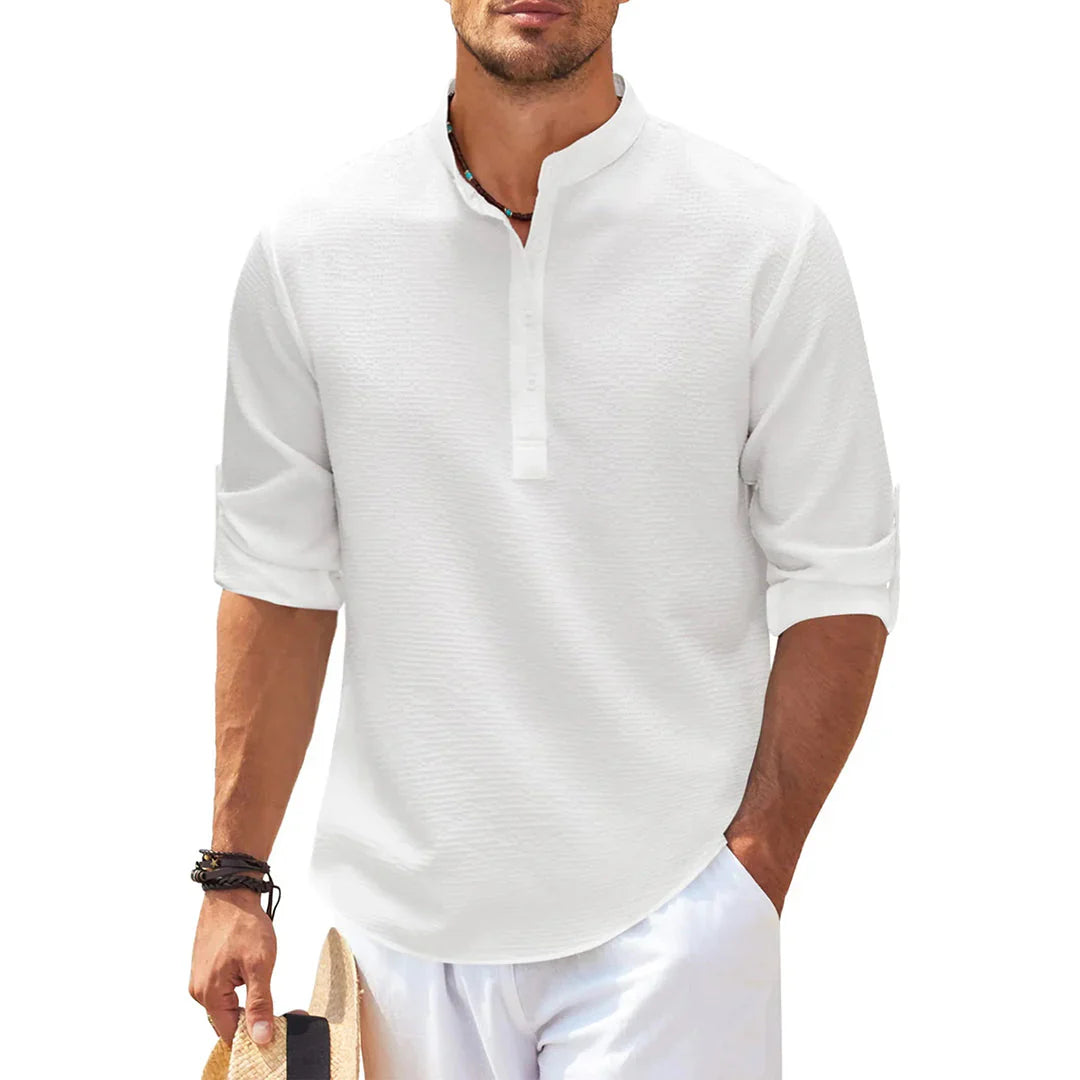Dominik – Casual Henley Shirt with Mandarin Collar and Rolled Sleeves