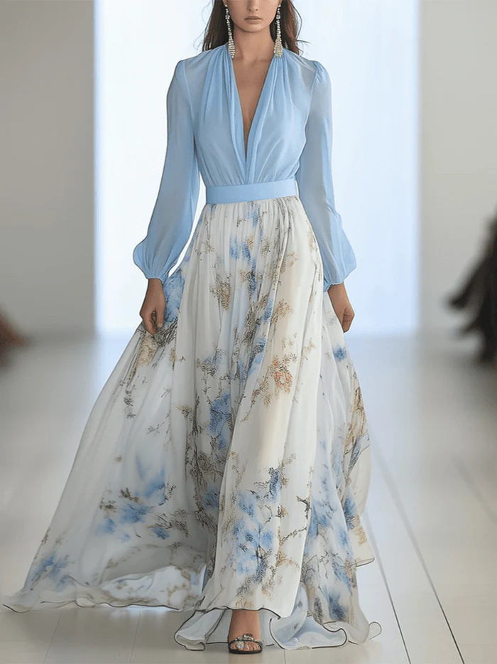Elara – Floral Maxi Dress with Plunge Neckline and Sheer Sleeves