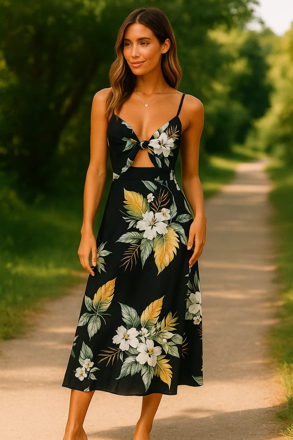 Elena – Cut-Out Midi Dress with Adjustable Spaghetti Straps