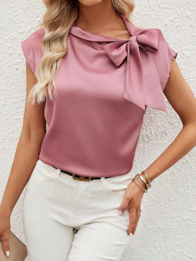 Elowen – Blouse with Bow Tie Neck and Cap Sleeves