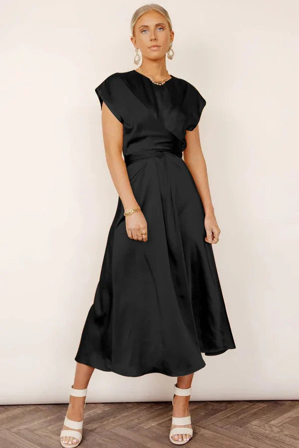 Elena – Midi Dress with Draped Bodice and Cap Sleeves
