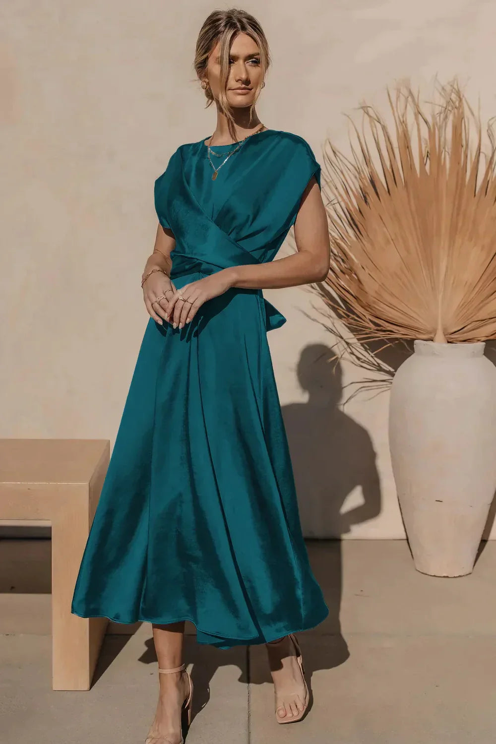 Elena – Midi Dress with Draped Bodice and Cap Sleeves