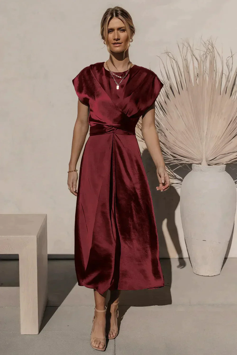Elena – Midi Dress with Draped Bodice and Cap Sleeves