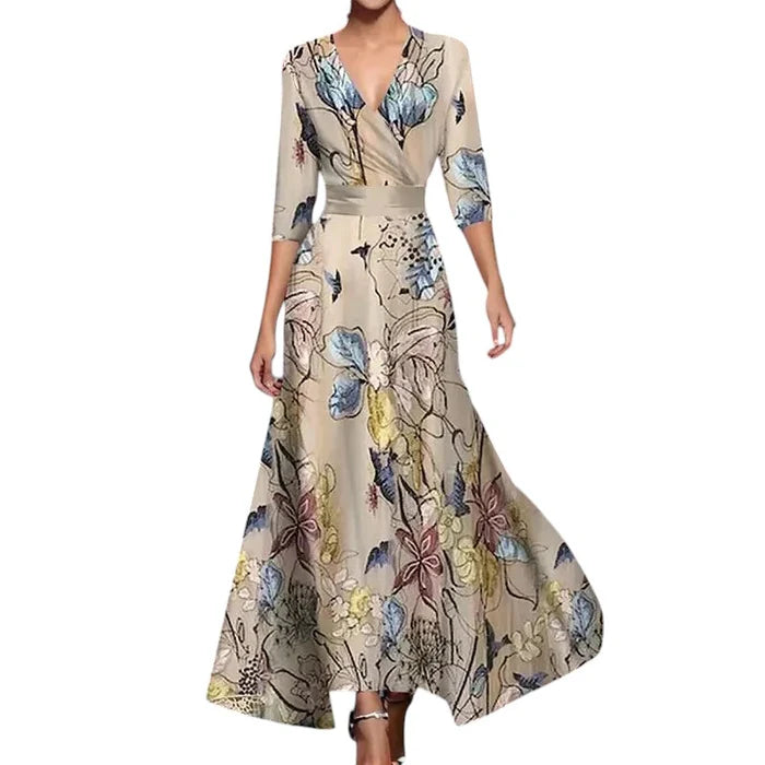 Elena – Wrap Maxi Dress with Wide Sleeves and Floral Print