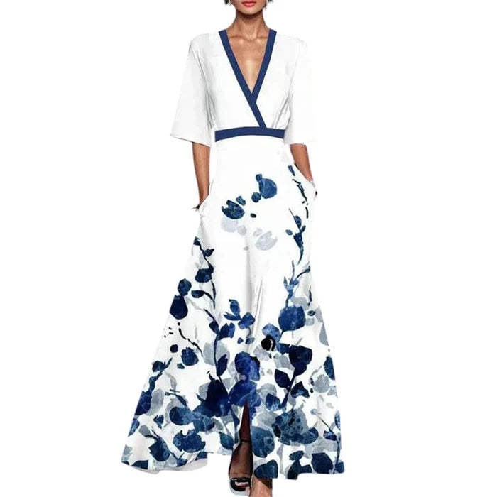 Elena – Wrap Maxi Dress with Wide Sleeves and Floral Print