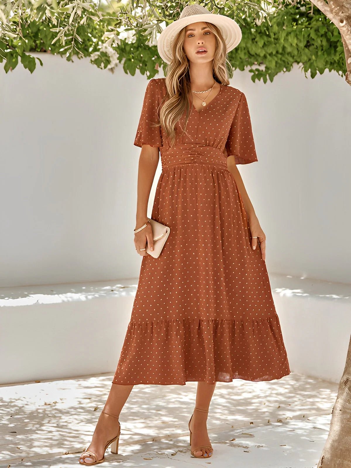 Emma – Midi Dress with V-Neck, Puff Sleeves and Gathered Waist