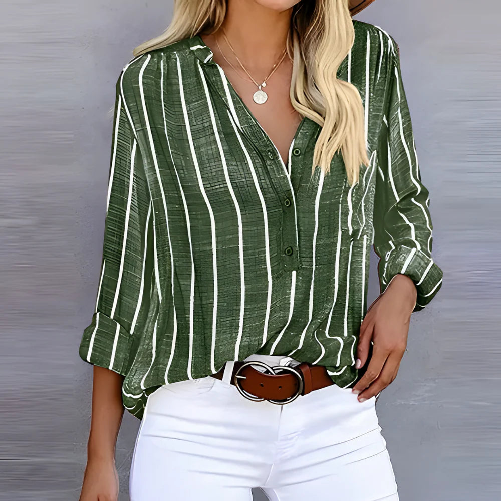 Emmanuelle - Striped Button-Up Blouse with Relaxed Fit and V-Neckline