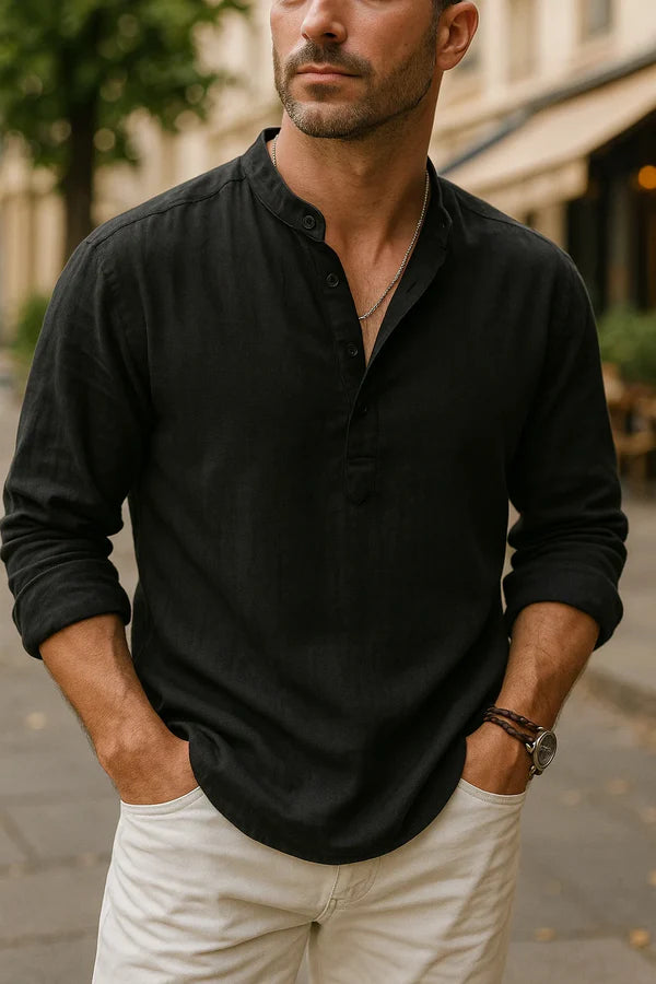 Ethan - Casual Henley Shirt with Mandarin Collar and Relaxed Fit