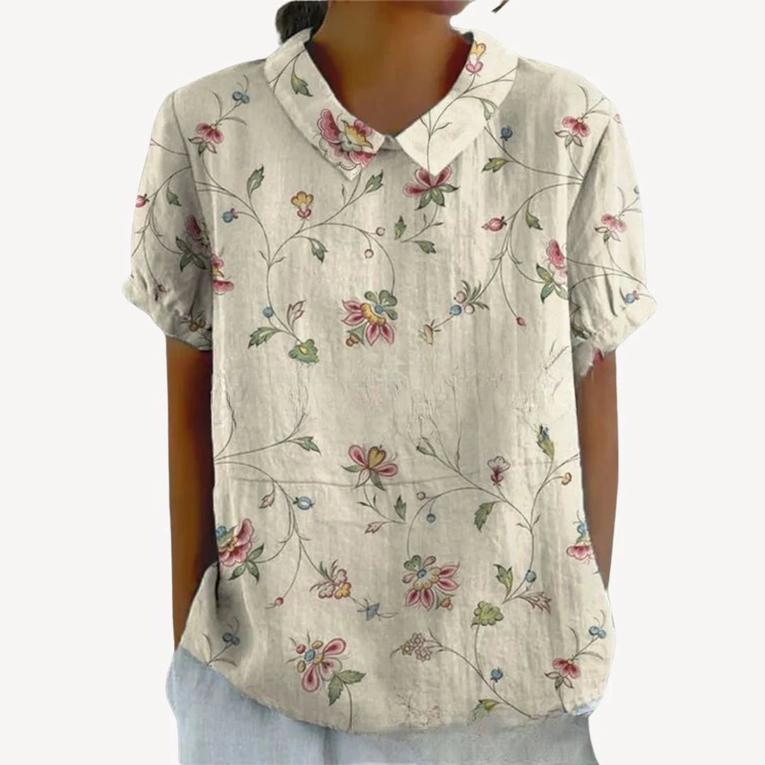 Faeryn – Lightweight Floral Blouse with Short Sleeves and Notch Neckline