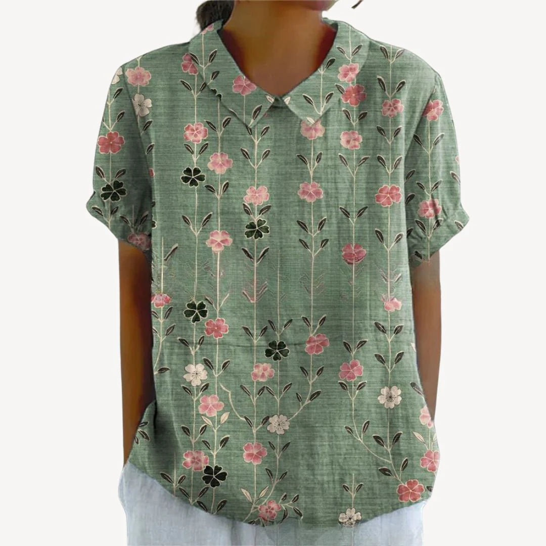 Faeryn – Lightweight Floral Blouse with Short Sleeves and Notch Neckline