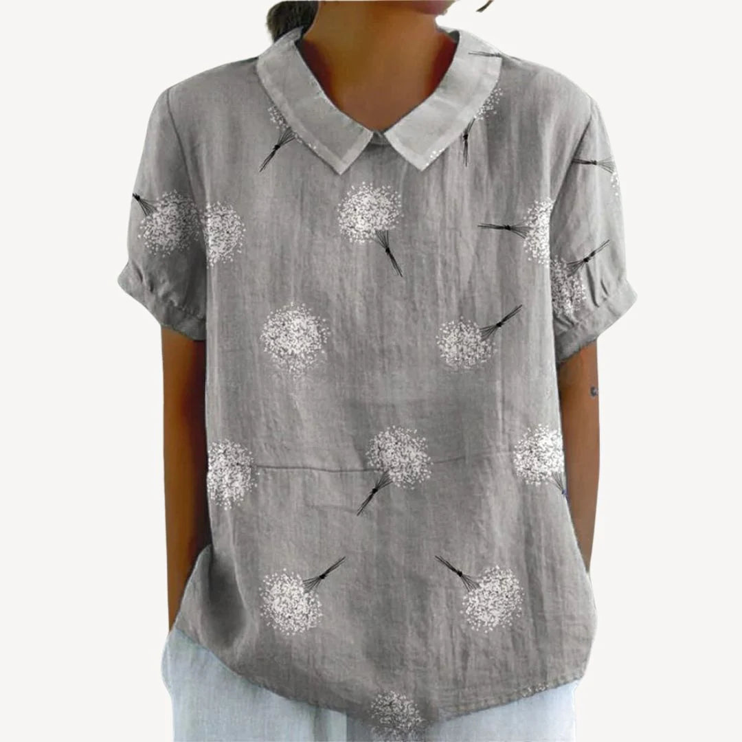Faeryn – Lightweight Floral Blouse with Short Sleeves and Notch Neckline