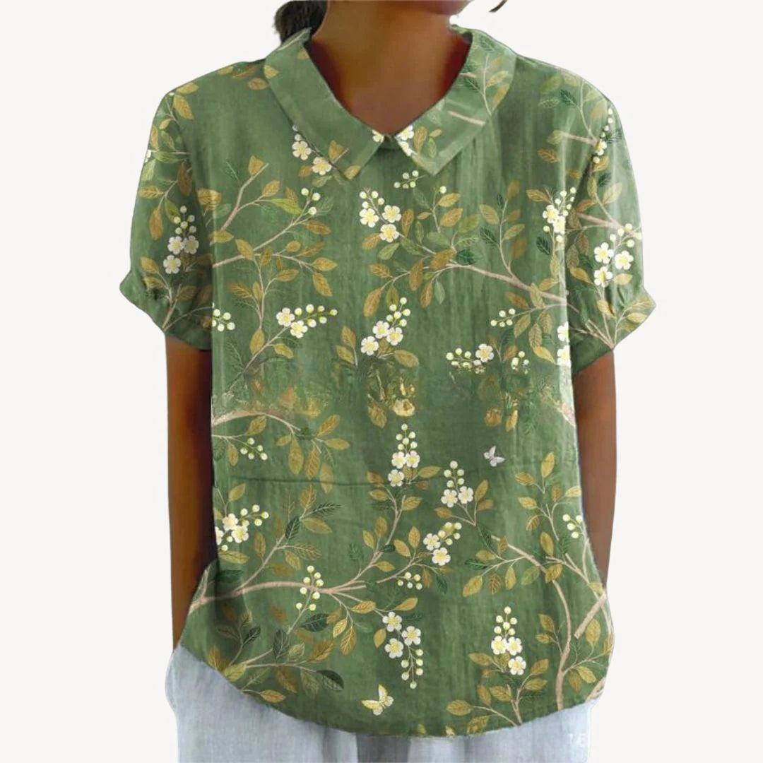 Faeryn – Lightweight Floral Blouse with Short Sleeves and Notch Neckline