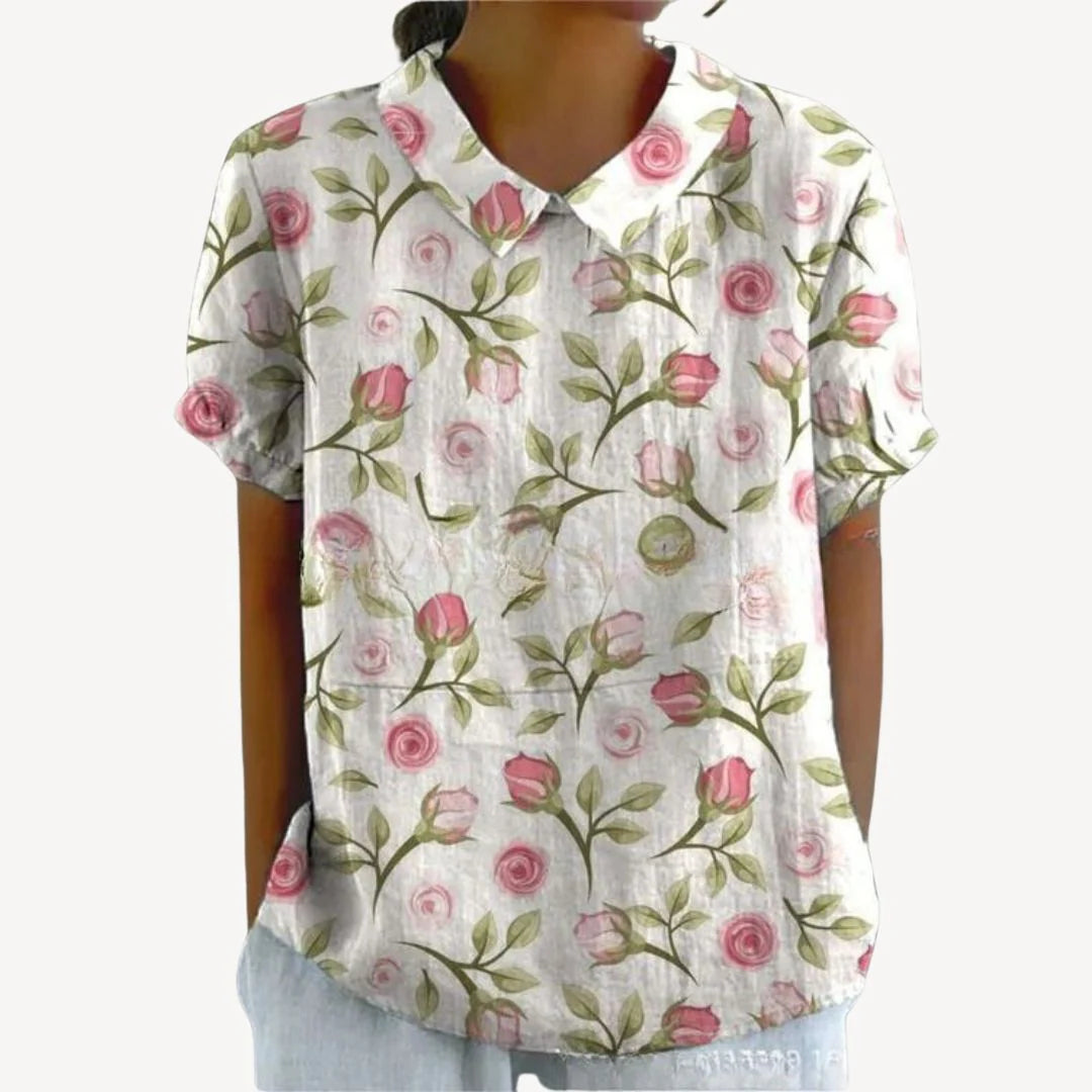Faeryn – Lightweight Floral Blouse with Short Sleeves and Notch Neckline