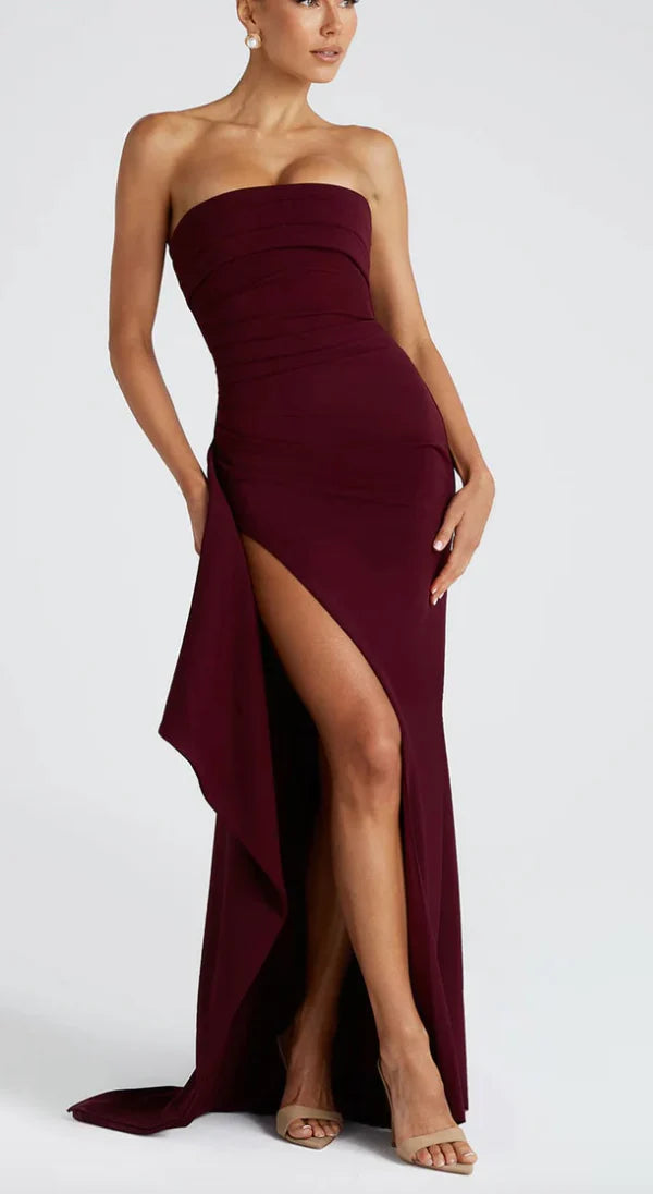 Giselle – Formal Strapless Gown with Draped Detail and Slit Hem