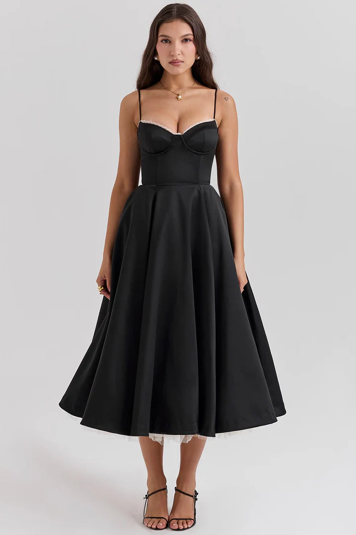 Grace - Fit and Flare Midi Dress with Sweetheart Neckline and Spaghetti Straps