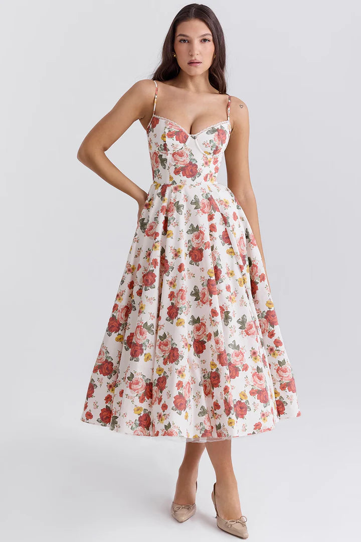 Grace - Fit and Flare Midi Dress with Sweetheart Neckline and Spaghetti Straps