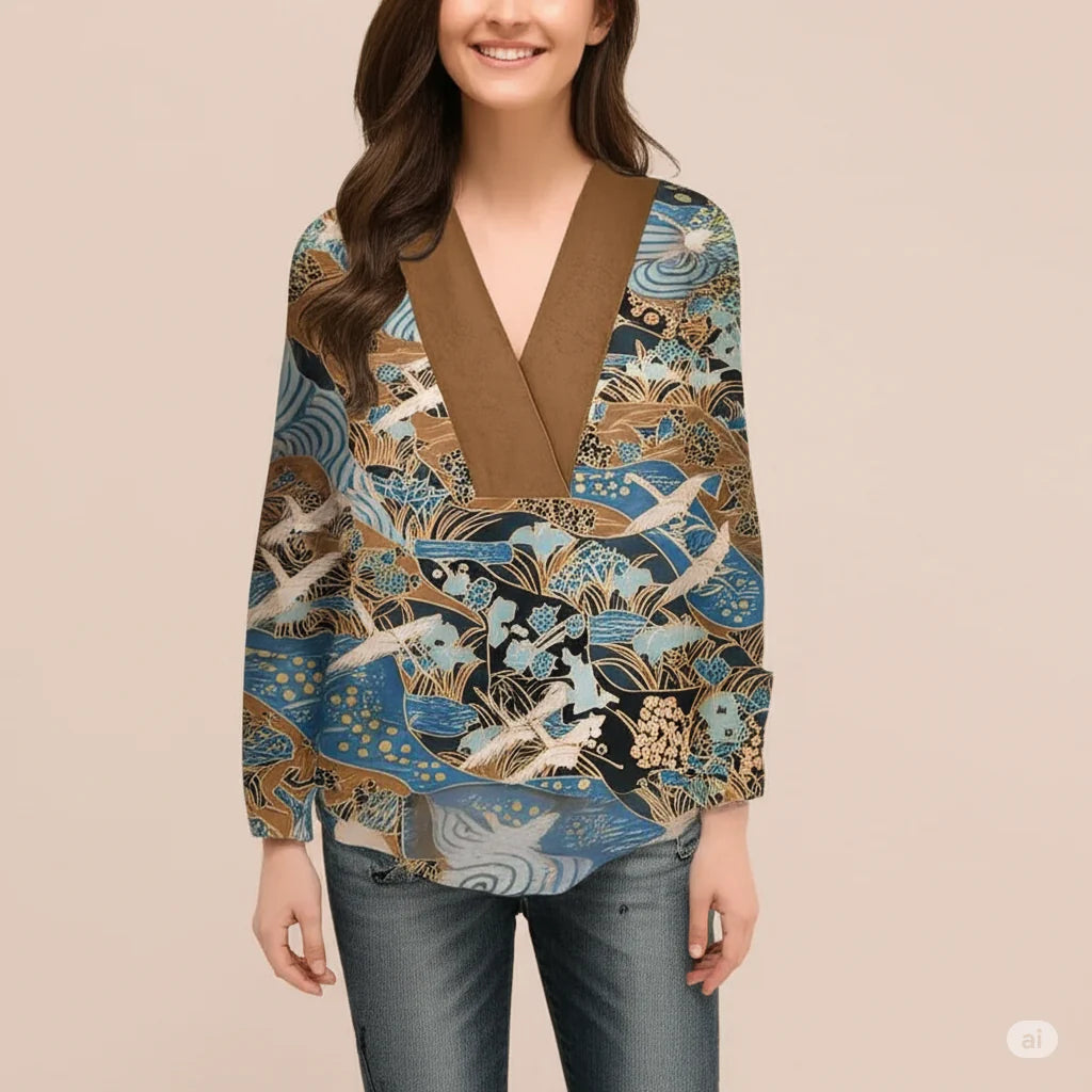 Saphira - Floral Kimono Blouse with Deep V-Neck and Relaxed Fit